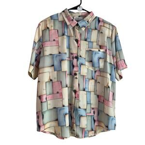 Vintage 80s Kathy Che Shirt Size 14 Retro Colorful Button Down Short Sleeve Top